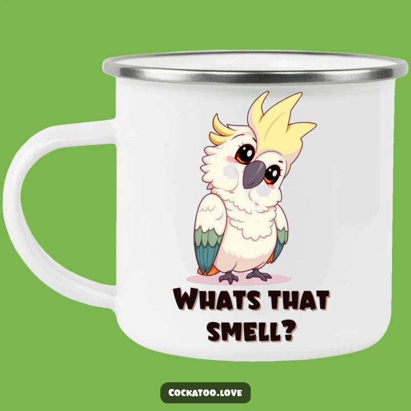Funny Cockatoo Tilt Camping Mug - Playful Inquisitive Bird Enamel Cup, Ideal Humorous Gift