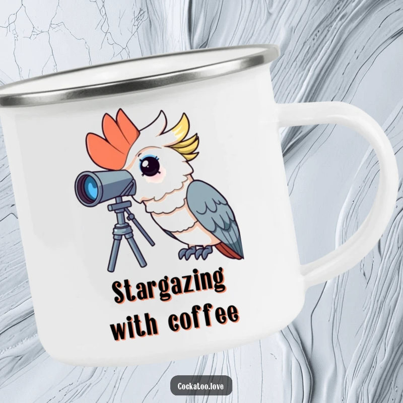 Funny cockatoo camping mug with a curious bird peering through a telescope, ready for humorous outdoor adventures.