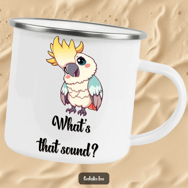Funny camping mug: A curious cockatoo tilts its head, looking intently, perfect for humorous outdoor adventures and coffee lovers.