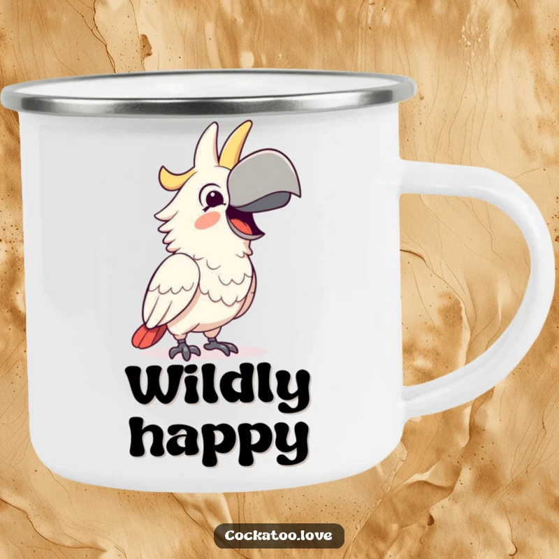 Funny Camping Mug showing a happy cockatoo character squawking with delight, perfect for outdoor joy and a memorable funny gift.