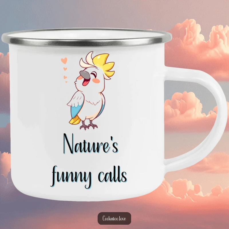 Funny cockatoo camping mug, cheerful bird mimicking a funny sound, durable outdoor cup, bringing laughter.