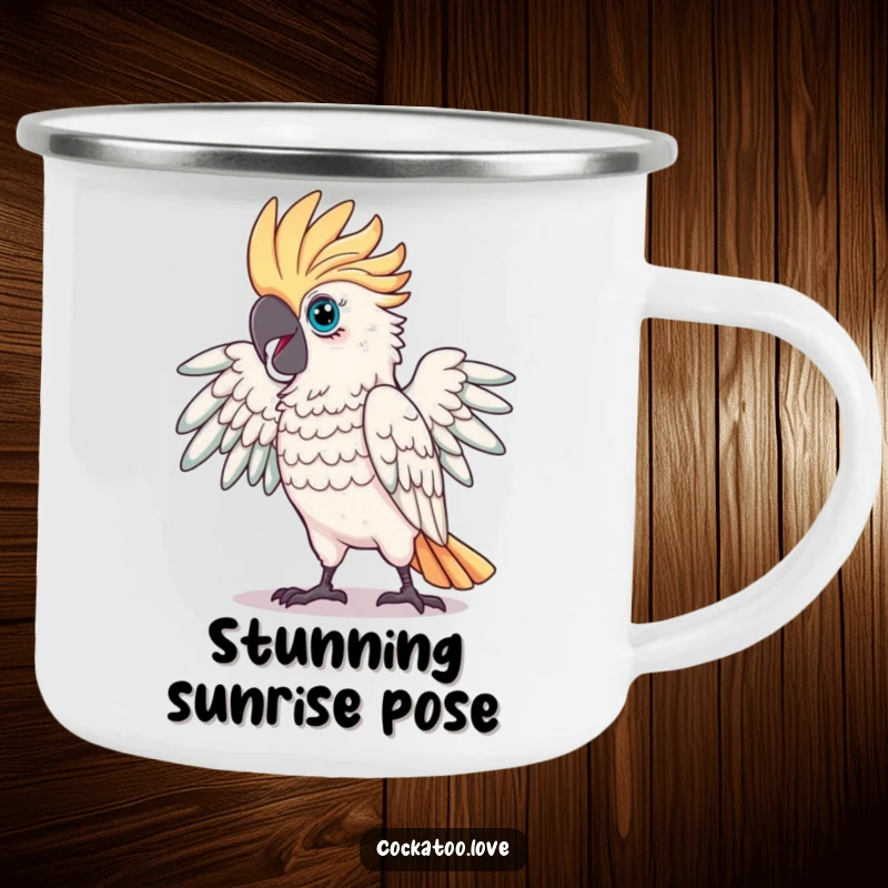 Funny Proud Cockatoo Camping Mug showing a magnificent cockatoo striking a dramatic pose, durable for outdoor use.