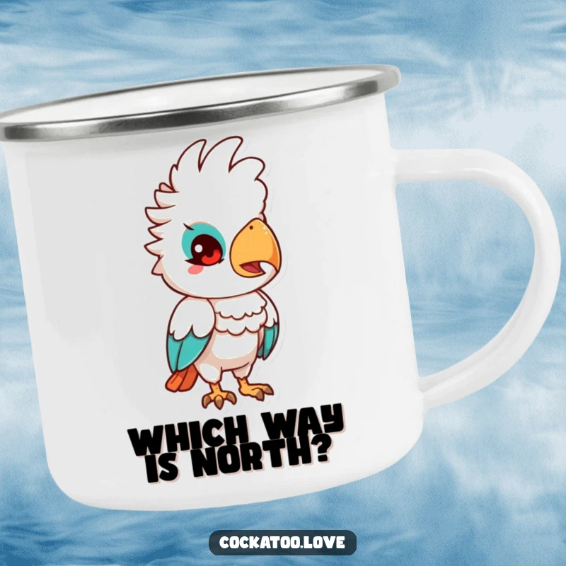 Funny Quizzical Cockatoo Camping Mug: Cockatoo character tilting its head quizzically, ideal for curious outdoor adventurers.