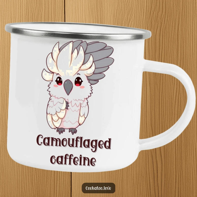 Funny Shy Cockatoo Camping Mug: Durable mug with a shy bird characater peeking from behind a feather, perfect for camping trips.