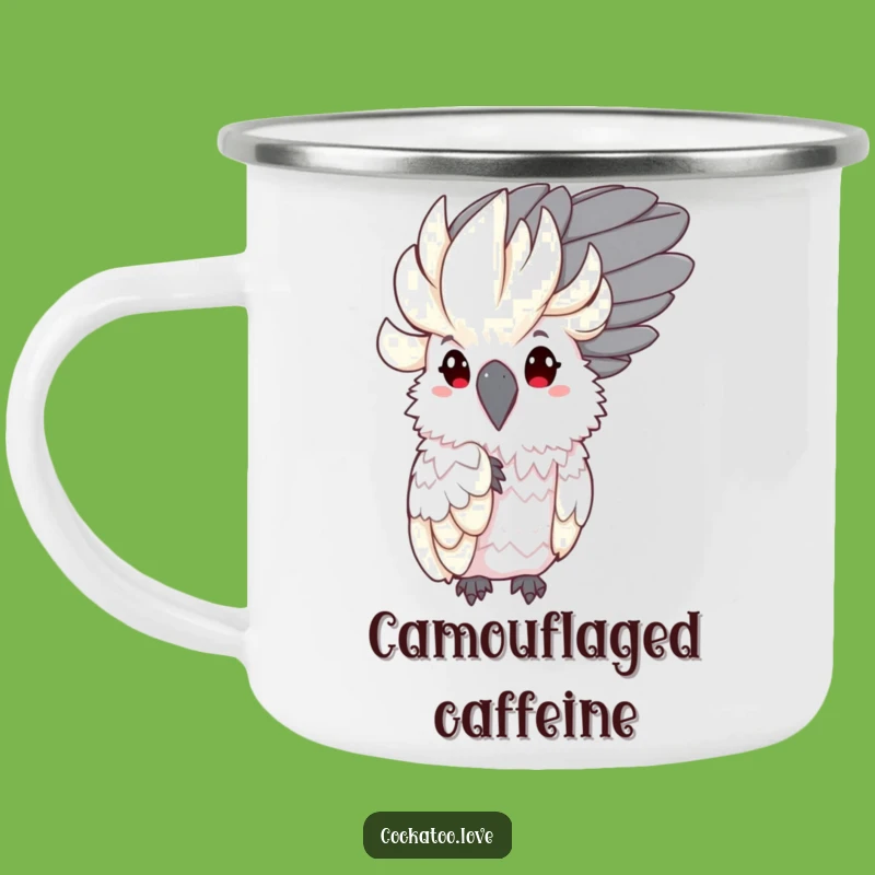 Funny Shy Cockatoo Camping Mug: Peeking Bird Feather, Hilarious Outdoor Gift