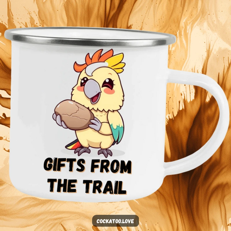 Funny cockatoo camping mug, colorful bird offering a shiny pebble with a grin, durable outdoor cup, symbolizing friendship.