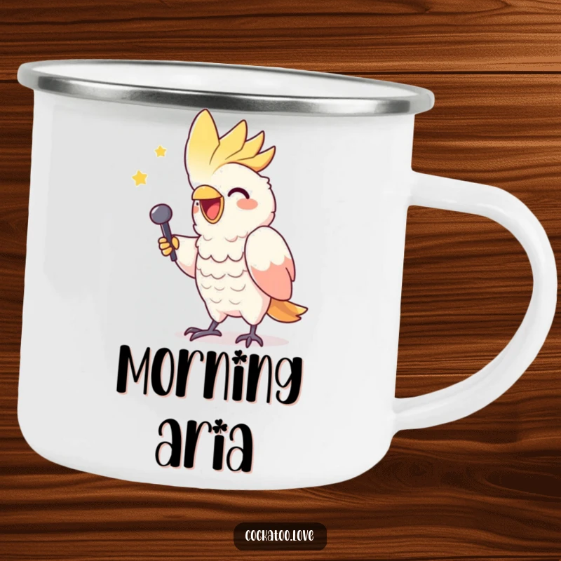 Funny camping mug featuring a gleeful cockatoo character mimicking a triumphant singer, ready for outdoor concerts.
