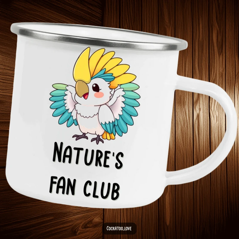 Funny camping mug: A vibrant cockatoo fans its colorful crest with excitement, perfect for humorous outdoor adventures and coffee lovers.