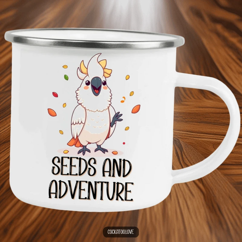 Funny cockatoo camping mug with a joyful bird juggling a mix of seeds, designed for outdoor fun.
