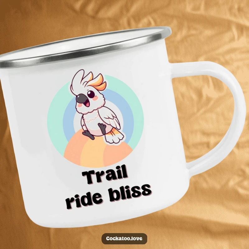Happy cockatoo camping mug with a bird character gleefully sliding down a colorful rainbow arc, for outdoor enjoyment.