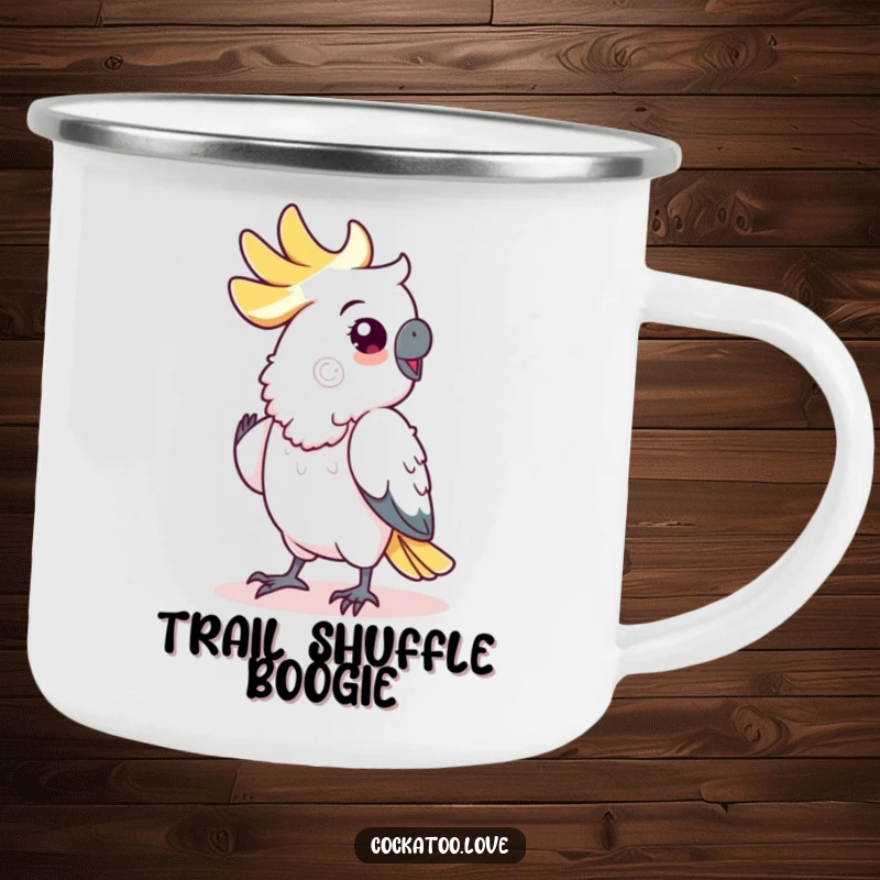 Funny cockatoo camping mug, durable and travel-ready, depicting a bird doing a joyful and comical shuffle dance.