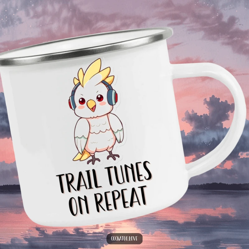 Funny enamel camping mug featuring a cockatoo wearing headphones and bopping to music, for outdoor jam sessions.