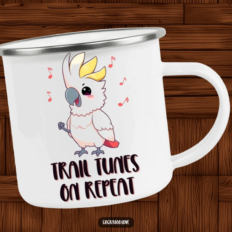 Funny Cockatoo Camping Mug by a campfire, head bobbing to music, durable and humorous for outdoor lovers, great funny gift.