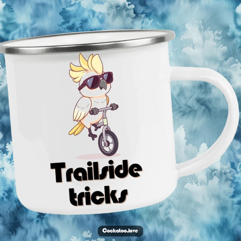 Funny cockatoo camping mug, cool sunglasses on, expertly riding a unicycle in the wild, perfect for outdoor enthusiasts seeking humor.