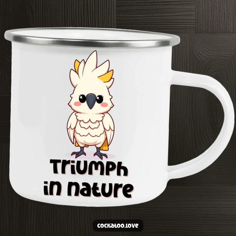 Funny Determined Cockatoo Camping Mug: Cockatoo character standing tall and puffing its chest, ideal for bold outdoor adventurers.