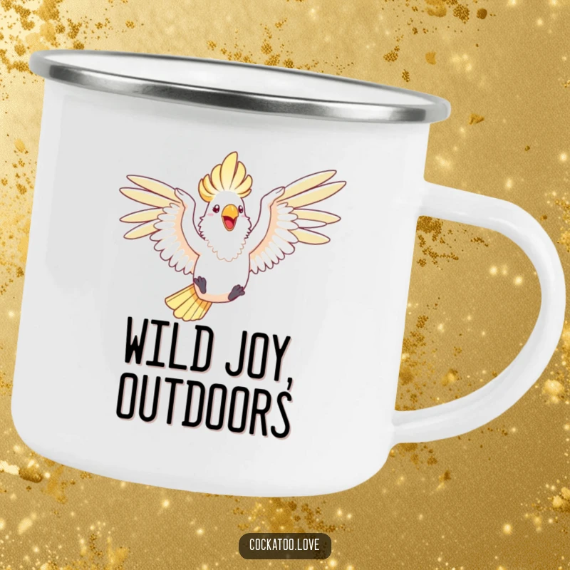 Funny enamel camping mug featuring a happy cockatoo with wings outstretched, joyfully leaping through the air.