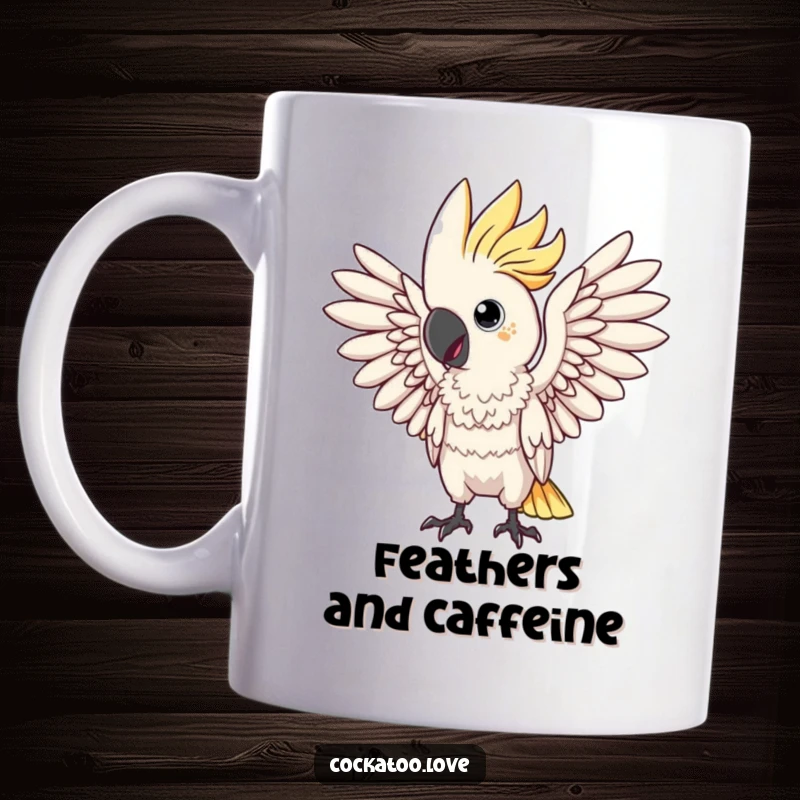 Funny mug featuring a dramatic cockatoo bird striking a flamboyant pose with its wings spread wide. This avian implies theatrical flair.