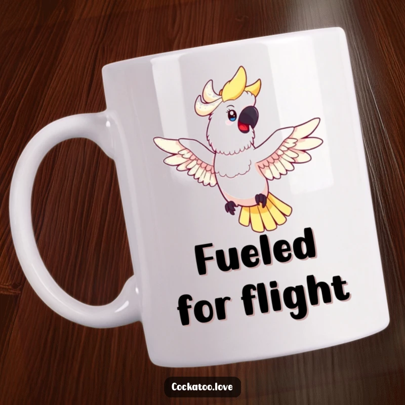Funny cockatoo mug featuring a happy bird with spread wings playfully posing mid-flight, capturing a moment of pure freedom and joy.