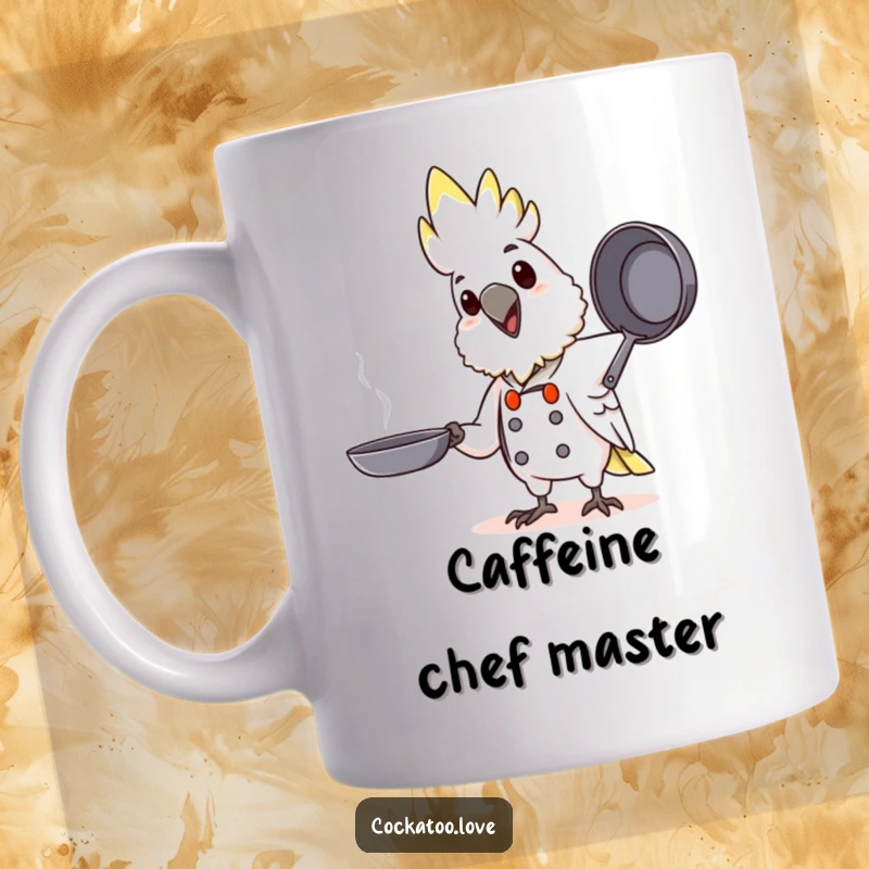 Funny Chef Cockatoo Mug: Happy cockatoo character dressed as a chef joyfully tossing a pretend pan, a culinary delight.