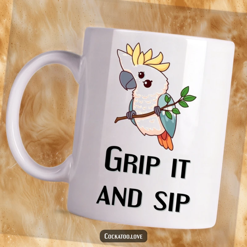 Funny cockatoo mug featuring a determined bird with a firm grip on a tiny, stylized branch, symbolizing focus and tenacity.