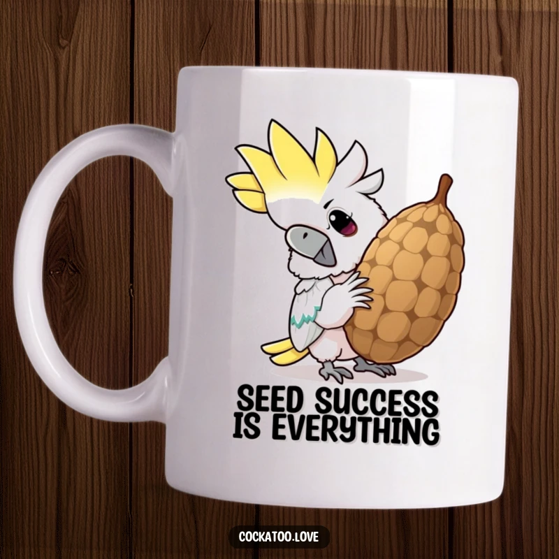 Funny cockatoo mug, determinedly cracking a giant seed with a huge grin, showcasing its funny personality and strength.