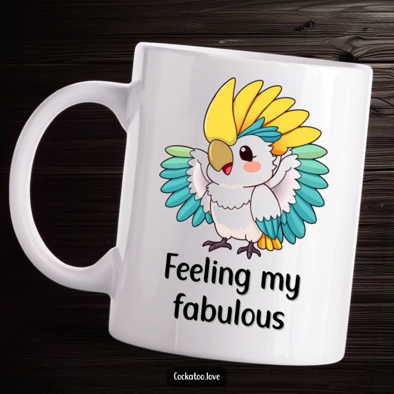 Funny mug: A vibrant cockatoo proudly fans its colorful crest in a display of pure, theatrical excitement and flamboyant style.