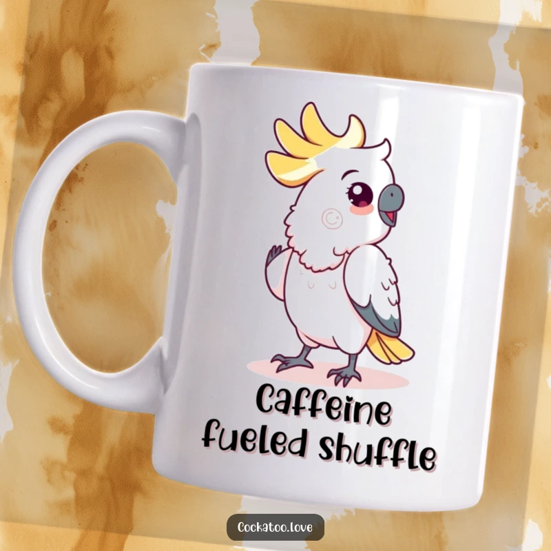 Funny cockatoo mug, captured mid-shuffle dance with a joyful expression, radiating pure avian entertainment.