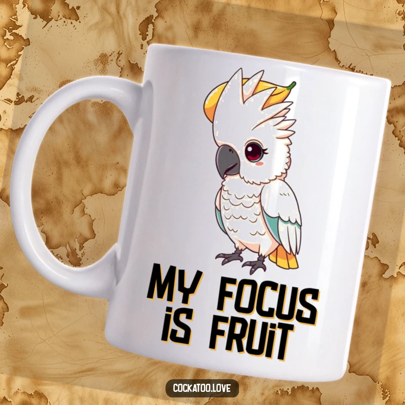 Funny mug featuring a determined cockatoo with a focused gaze, balancing a large piece of fruit on its head.