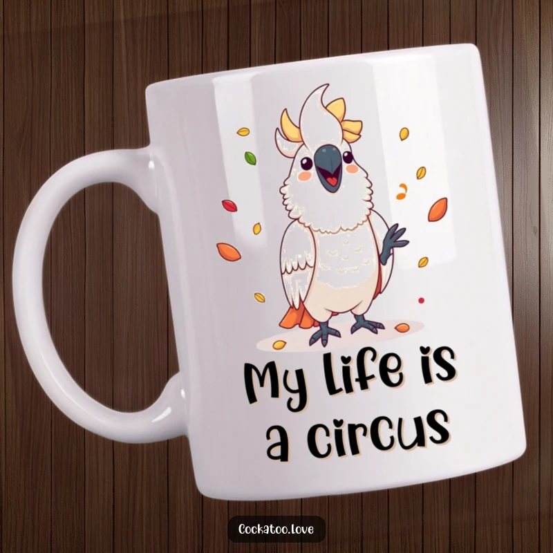 Funny cockatoo mug with a cheerful expression, expertly juggling a vibrant assortment of colorful seeds in mid-air.