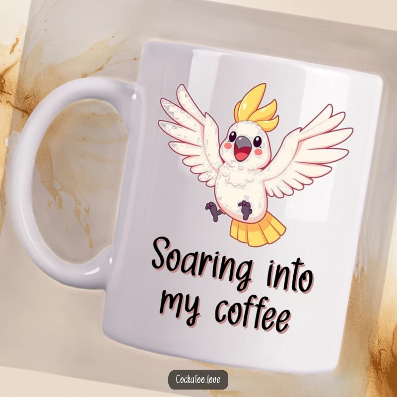 Funny Cockatoo Leaping Mug a happy bird with wings spread wide jumps joyfully through the air, embodying pure bliss and fun.