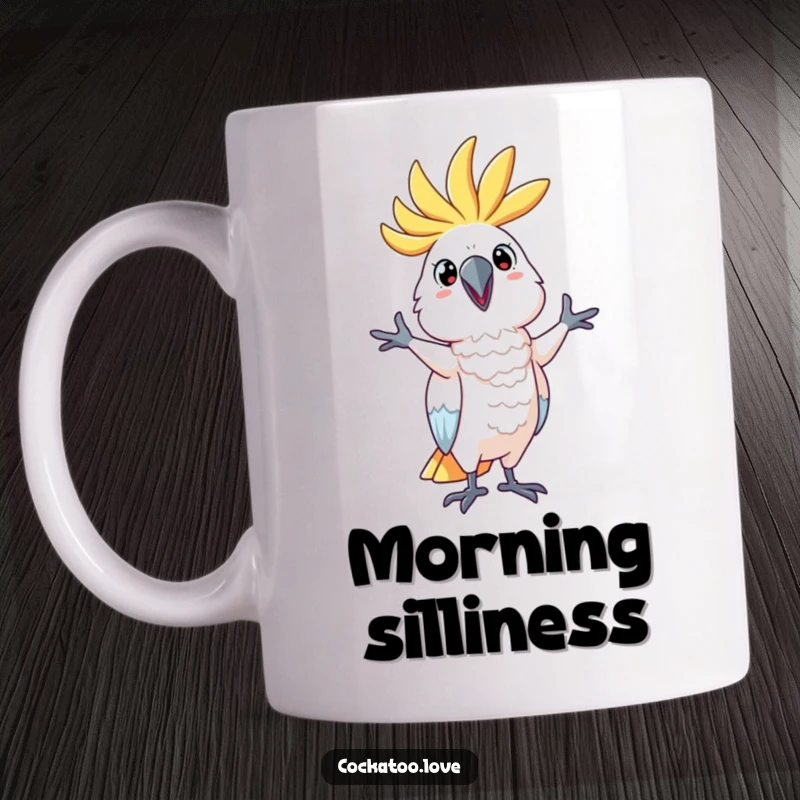 Funny Mug showing a cockatoo character striking a silly, playful pose, full of personality and humor, a great funny gift.