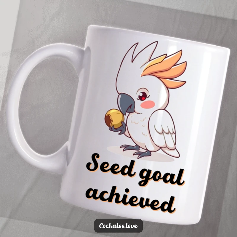 Funny Mug featuring a determined cockatoo character intensely pecking at a single seed, showcasing intense avian focus and a funny gift idea.