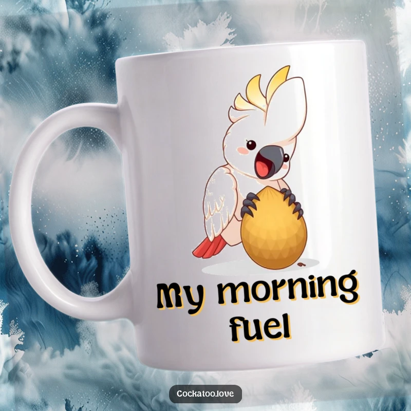 Funny Cockatoo Mug showing a happy bird happily pecking at a large seed, a delightful and comical scene.