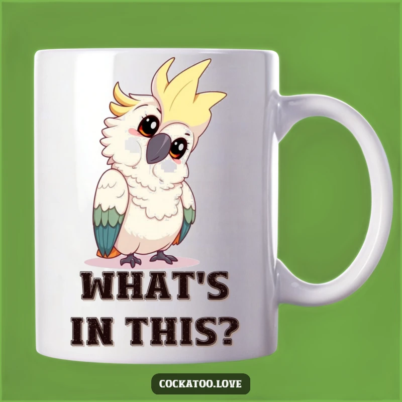 Funny Cockatoo Tilt Mug - Playful Inquisitive Bird, Perfect Humorous Gift for Curious Minds
