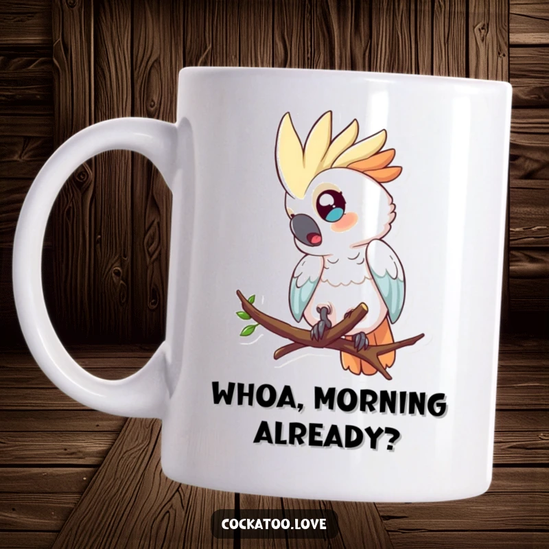 Funny mug featuring a surprised cockatoo with wide eyes tumbling downwards from a tree branch.