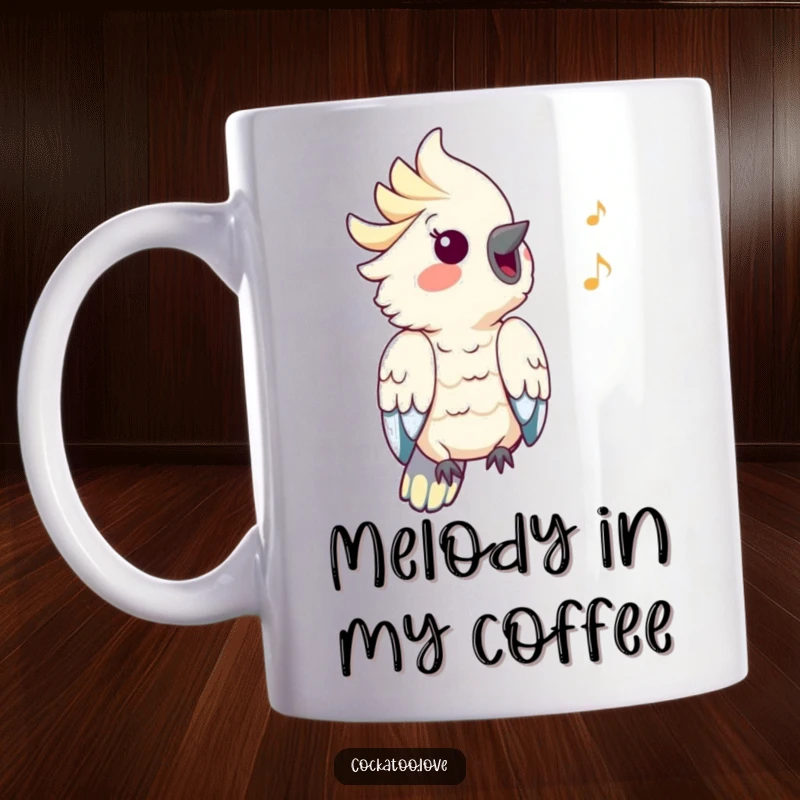 Funny Cockatoo Mug: A cheerful cockatoo is shown with puffed cheeks, whistling a happy, funny tune with musical notes around it.