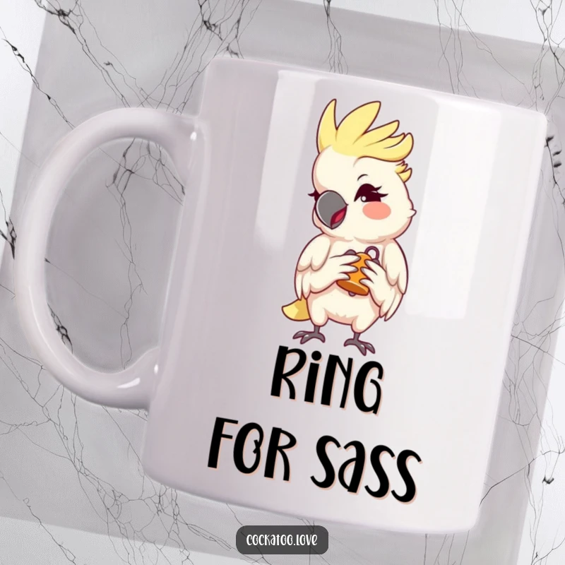 Funny Cockatoo Mug with a mischievous wink, holding a tiny bell, conveying playful secrets for a delightful and funny gift.