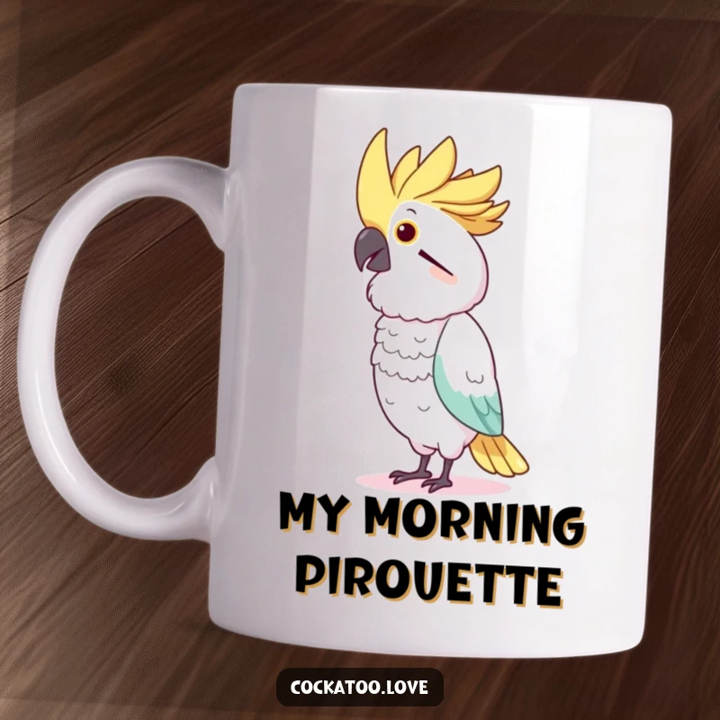 Funny Cockatoo Mug: Charming bird character gracefully imitating a dancer with a dynamic head bobbing motion, spreading joy.