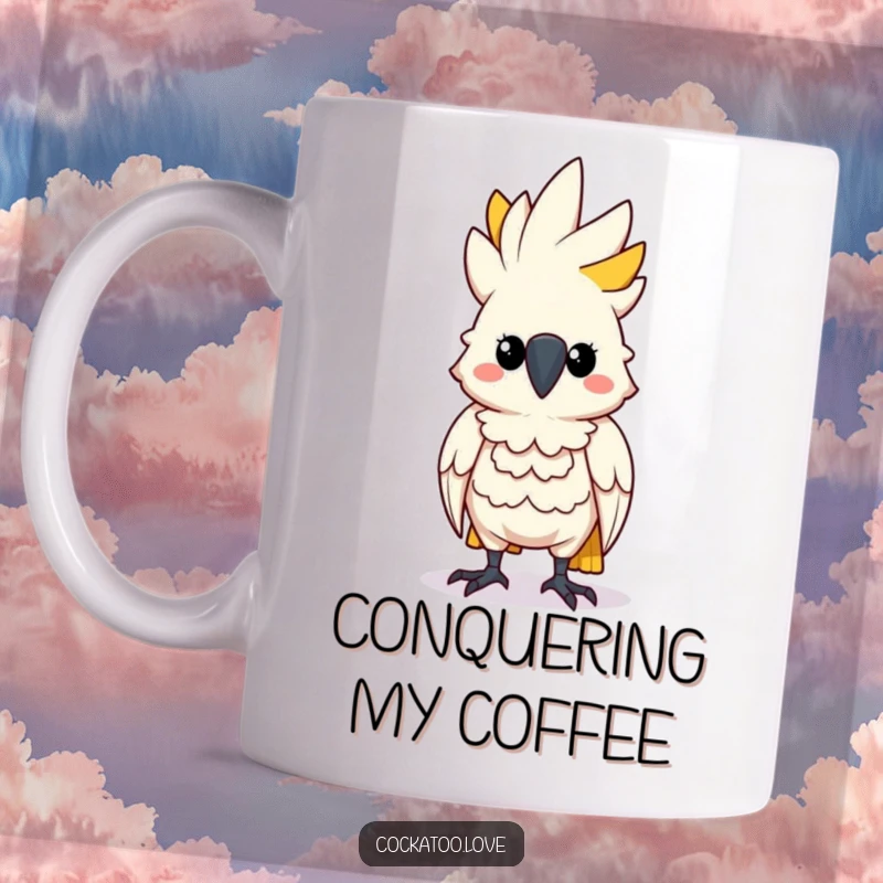 Funny Determined Cockatoo Mug: A proud cockatoo character standing tall and puffing its chest with confidence and determination.