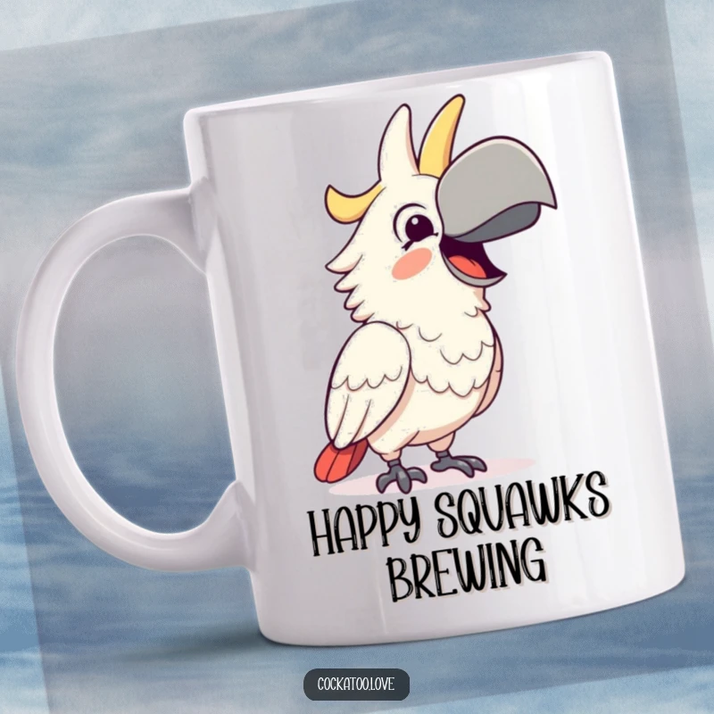Funny Mug featuring a jubilant cockatoo character squawking with delight, its beak wide open in happiness, a wonderful funny gift.