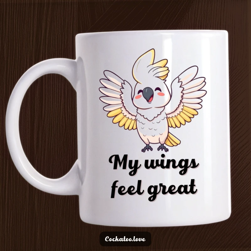 Funny mug: A happy cockatoo joyfully stretches its magnificent wings wide open, embodying pure delight and freedom.