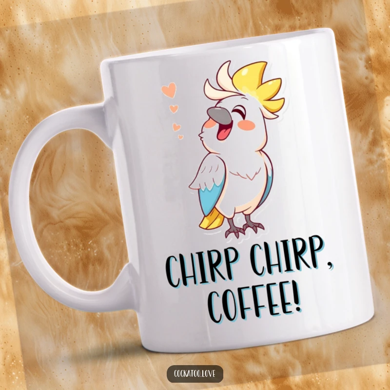 Funny cockatoo mug, cheerful character mimicking a funny sound, avian impressionist, bringing laughter and joy.