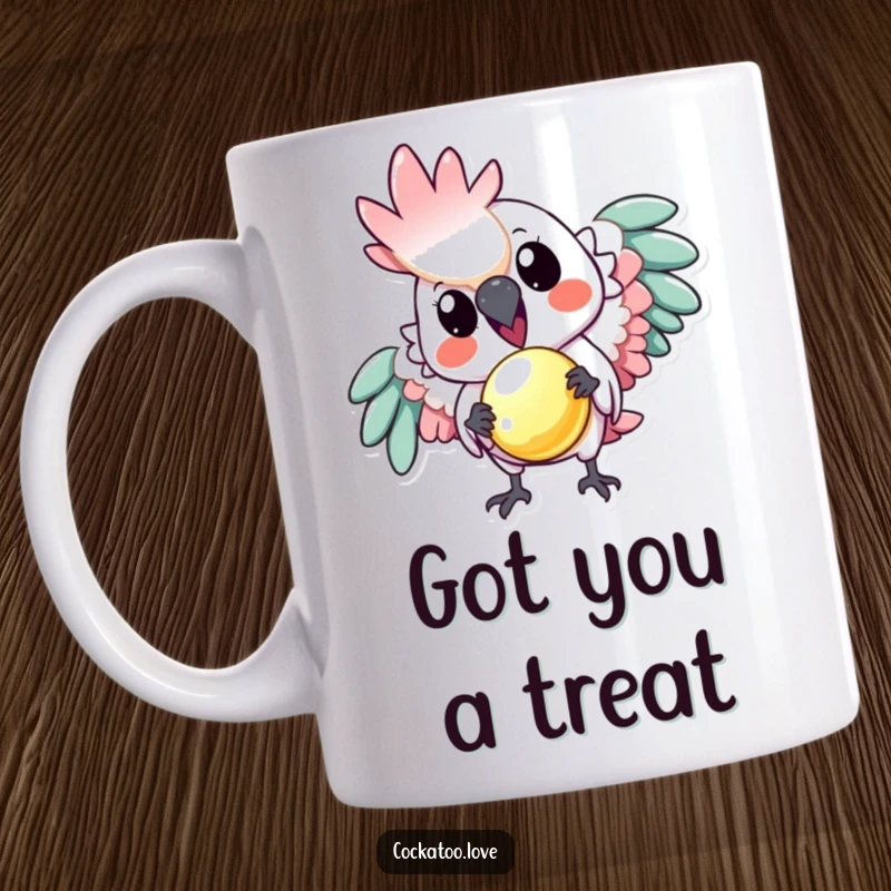 Funny mug: A playful cockatoo extends a tiny, shiny object, offering a delightful and charming gift with a mischievous glint.