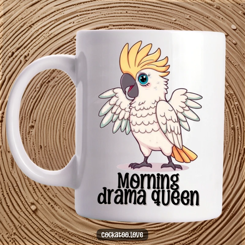 Funny Proud Cockatoo Mug featuring a magnificent cockatoo striking a dramatic and proud pose, exuding confidence.