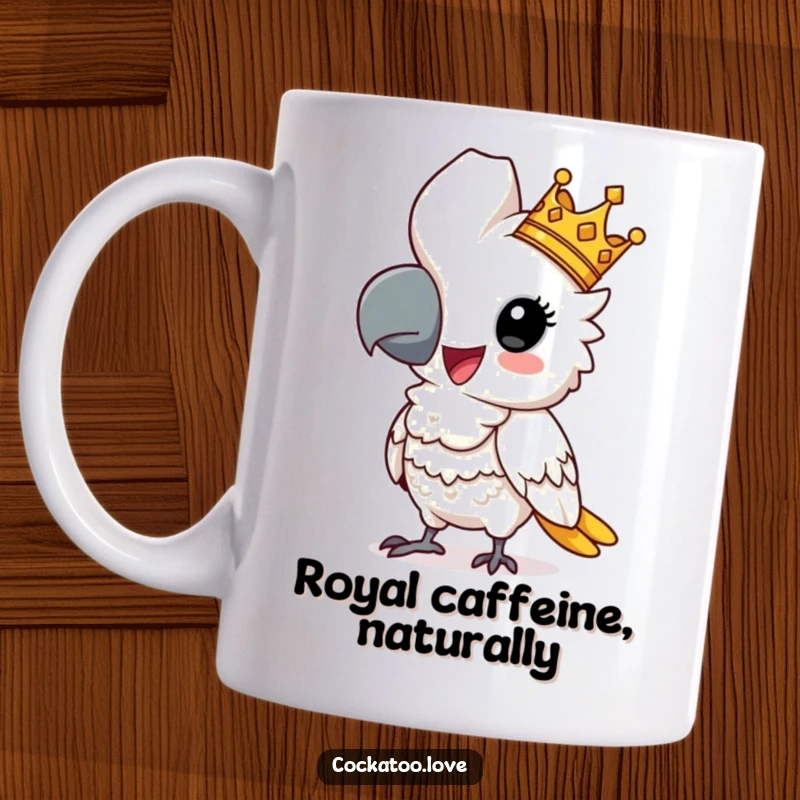 Funny cockatoo mug with a regal bird wearing a tiny crown and striking a proud pose, exuding humorous majesty.