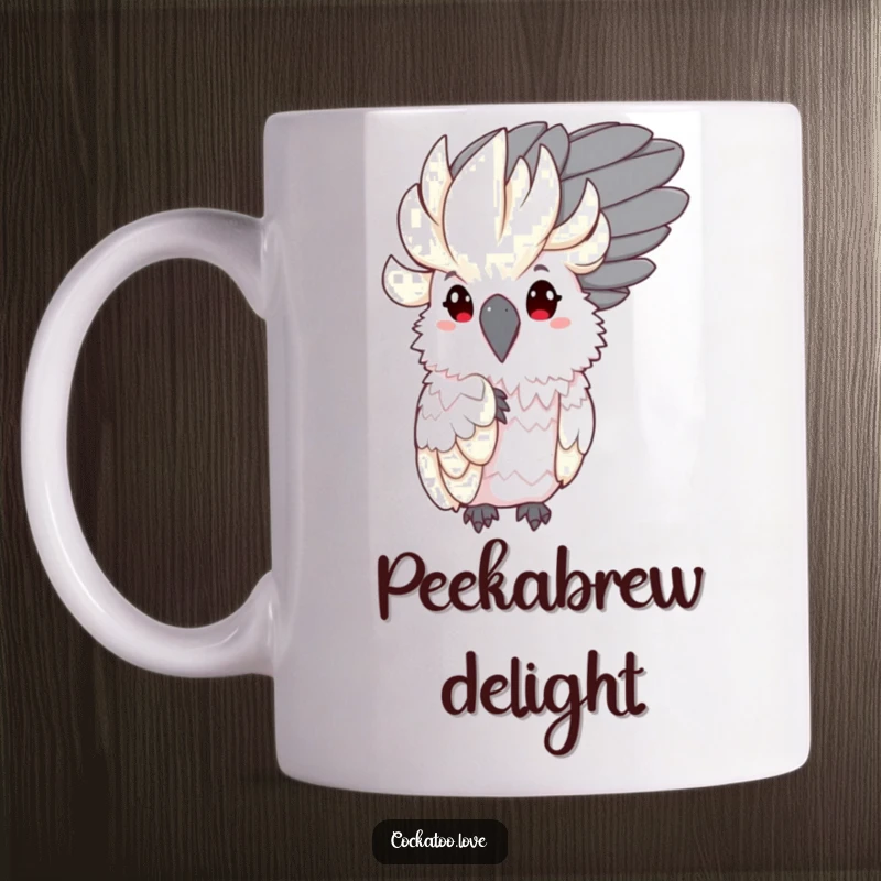 Funny Shy Cockatoo Mug: Adorable bird character playfully peeking with curiosity from behind a large, elegant feather.
