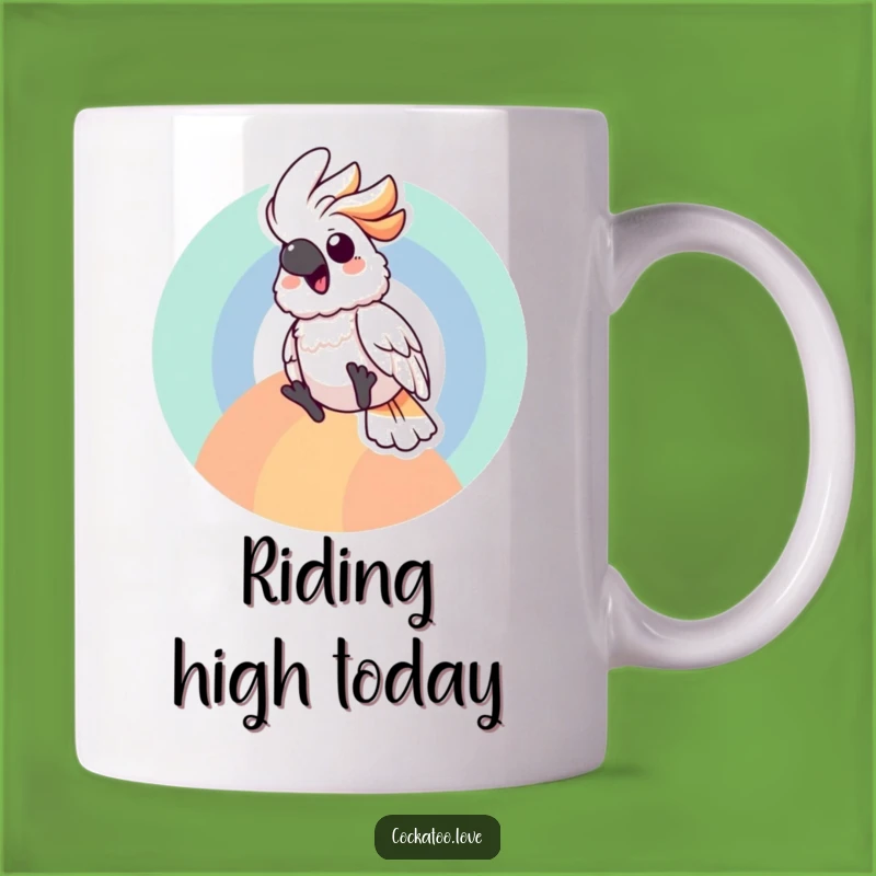 Gleeful Cockatoo Rainbow Mug: Joyful Sliding Bird, Whimsical & Fun Gift!