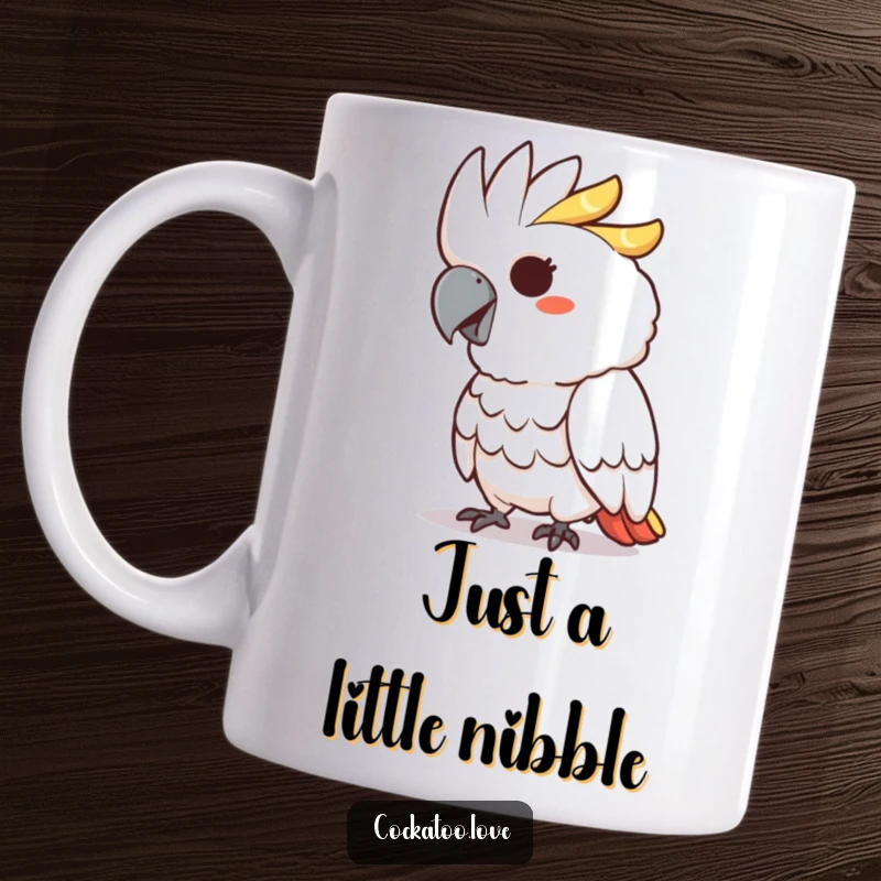 Funny cockatoo mug featuring a bird with a mischievous grin playfully pecking.