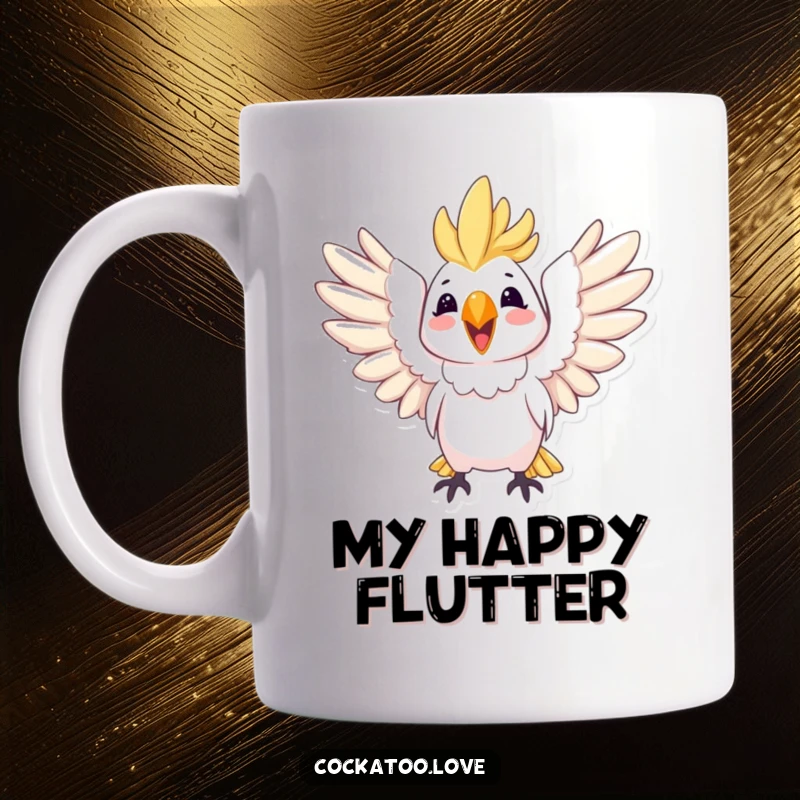 Funny cockatoo mug featuring a joyful bird with wings spread wide, radiating happiness and freedom.