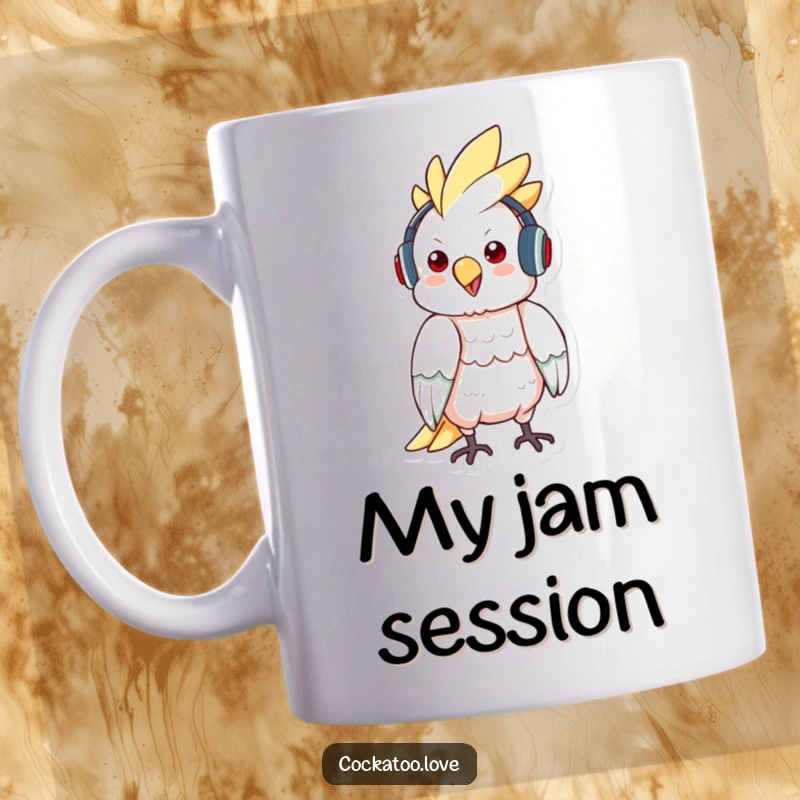Funny cockatoo mug featuring a cool bird wearing tiny headphones and bopping its head to music, radiating chill vibes.